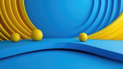 Aufkleber - Abstract minimal scene featuring a blue backdrop with geometric yellow shapes for product showcase 3D rendering