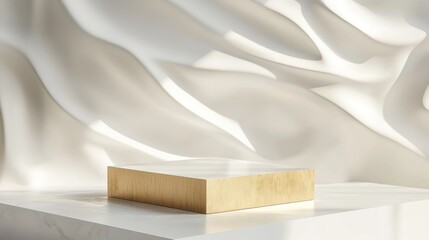 Aufkleber - 3D rendering of a white and gold square podium against a white backdrop with geometric shapes Minimalist product presentation mock up