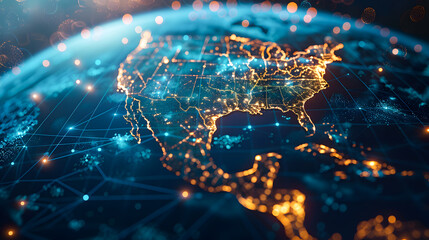 Poster - digital world globe centered on asia and middle east concept of global network and connectivity on earth data transfer and cyber technology information exchange illustration