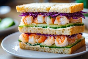 Three-storyed sandwich with shrimp, cucumber, cream-cheese and red cabbage. Perfect variant of light healthy lunch - generative ai