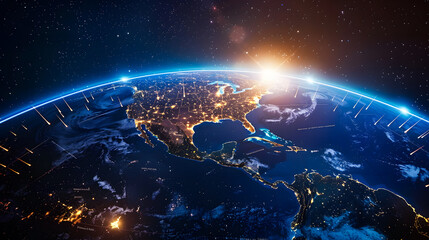 Poster - digital world globe centered on asia and middle east concept of global network and connectivity on earth data transfer and cyber technology information exchange illustration
