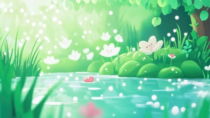 Aufkleber - An abstract view of a sunlit water surface creating white reflections with the water level surrounding lush moss and grass