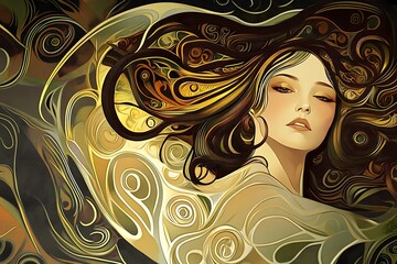 Wall Mural - Abstract Portrait of a Woman with Swirling Hair.