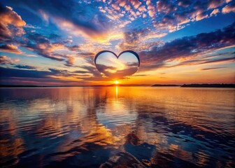 Wall Mural - Romantic Sunset Silhouette with Heart Shape in the Sky Over Calm Waters and Scenic Landscape View