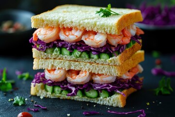 Three-storyed sandwich with shrimp, cucumber, cream-cheese and red cabbage. Perfect variant of light healthy lunch - generative ai