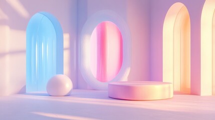 Aufkleber - Abstract geometric shapes in pastel colors create a minimal scene ideal for cosmetic or product display podium in 3D render