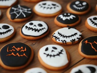 Wall Mural - Halloween themed cookies with cheerful faces and eerie designs on a wooden table