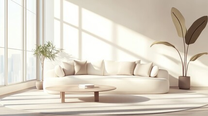 Poster - A minimalist living room features expansive windows a cozy white sofa plush neutral cushions and a sleek round coffee table set on a textured rug radiating sophistication and comfort