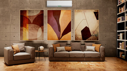 Wall Mural - large luxury modern bright interiors living room with air conditioning mockup illustration 3D rendering