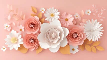 Aufkleber - 3D rendering of isolated autumn paper flowers on a pastel pink background featuring a stunning bouquet with roses peonies daisies and leaves for a botanical inspired decor
