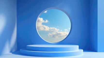 Poster - 3D render of an abstract blue background featuring a window with a blue sky set against a blue wall and an empty podium Blank showcase mockup with an unoccupied round stage