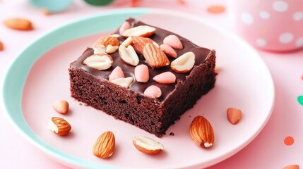 Poster - Brownie cake topped with nuts served on a plate close up shot