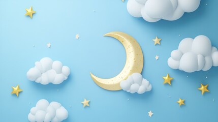 Aufkleber - 3D illustration of a crescent moon golden stars and white clouds set against a blue background Ideal for creating dreamy lullaby themed designs for banners booklets and posters Vector EPS10