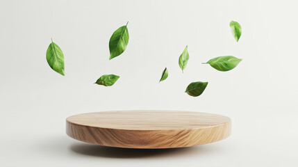 Aesthetic wooden podium for product display with green floating leaves, minimalist, white background. Generative AI