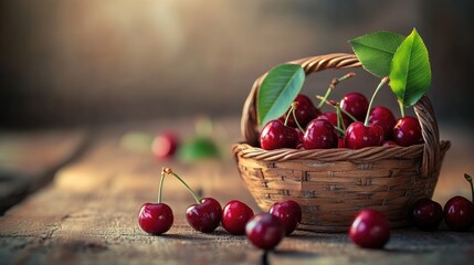 Poster - Cherries with Leaves on Wooden Surface Cherry Basket Fresh Cherries