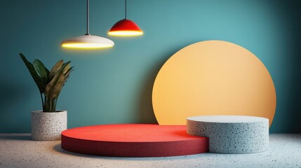 Aufkleber - Colorful block minimal circular podium designed for product display featuring light shapes and pendant lamp in a 3D rendered illustration background