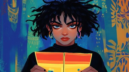 Poster - A young person with curly hair holds a colorful booklet against a vibrant background.