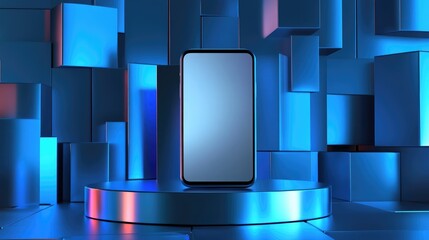 Aufkleber - 3D rendered illustration of a smartphone featuring a blank screen positioned on a podium complemented by abstract geometric shapes in the background Modern and trendy design in blue and silver hue