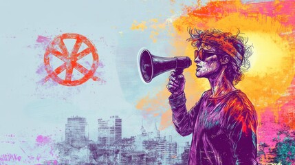 Wall Mural - A vibrant illustration of a person with a megaphone, symbolizing activism and social change.