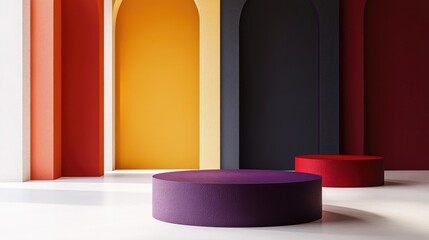 Aufkleber - Collection of 3D product display backgrounds in red yellow and dark purple on a white floor with open space Minimalist abstract composition Studio showcase for fashion product presentation
