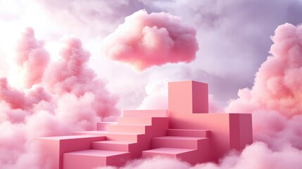 Aufkleber - 3D render of an abstract pink fantasy background featuring a cloud above a pedestal with stairs and a cubic podium Objects are isolated within a minimal pink space representing modern fashion conc