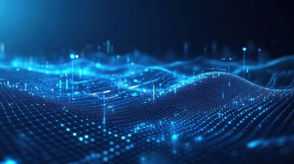Poster - blue technology background with digital grids, data waves,