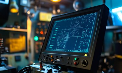 A control panel with a radar display.