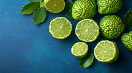 Sticker - Fresh kaffir lime fruits and leaves on a blue background.