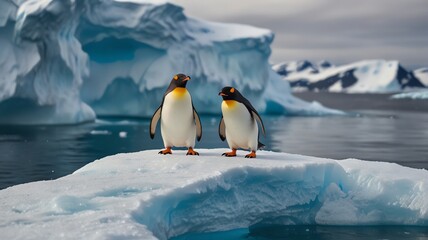 two penguins on an ice floe in the ocean.