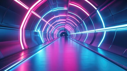 Poster - Abstract Neon Led Tunnel With Blue And Pink Glowing Lights Futuristic Laser Corridor High Speed Dynamic Gate Background Sci Fi Virtual Reality 3D Illustration
