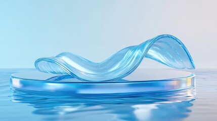 Aufkleber - 3D rendered podium featuring a transparent glass wavy ribbon on water Abstract geometric backdrop in holographic blue hues Contemporary platform mockup for promotional banners and product showcase