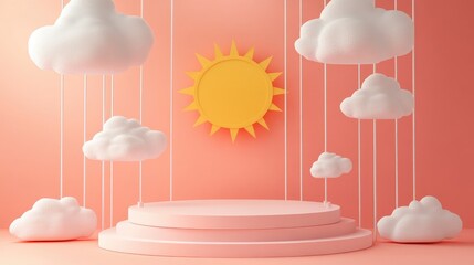 Poster - 3D rendered display podiums featuring a charming sun and suspended paper clouds