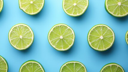 Poster - Bright green lime slices on a blue backdrop