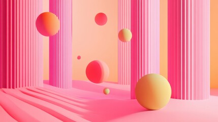 Aufkleber - 3D Illustration Of Colorful Geometric Objects Floating In A Surreal Pink Neon Background Meta Aesthetics Metaverse Banner For Digital Wallpaper