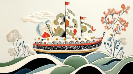 Aufkleber - Children s Cake Decorated with Wafer Paper Ship Colorful Drip and Meringues