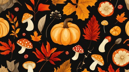 Poster - Charming autumn pattern featuring pumpkins yellow leaves and mushrooms set against a black background Adorable seasonal elements in a botanical flat design for decor and prints