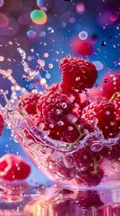 Aufkleber - A bowl of raspberries is splashing water, creating a beautiful and vibrant scene