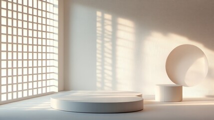 Aufkleber - 3D rendering of a studio featuring geometric shapes and a podium on the floor Platforms designed for product showcase with a mockup background An abstract composition in minimalist style