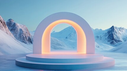 Aufkleber - Abstract winter composition featuring geometric shapes an arch above a podium illuminated by natural light set against a minimal surreal backdrop 3D rendering