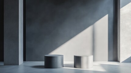 Poster - 3D rendering of an abstract grey backdrop featuring a modern minimalistic display with two vacant cylinder pedestals for showcasing products