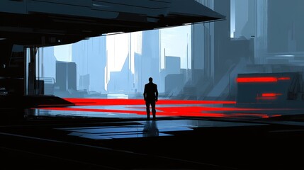 Sticker - A silhouetted figure stands in a futuristic urban landscape with glowing red accents.