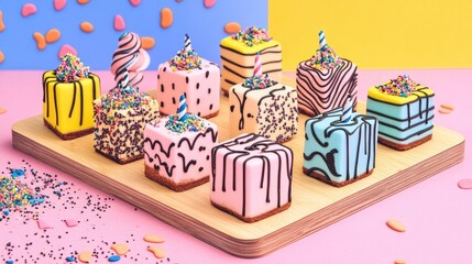 Poster - Assorted Soft Fudge Cakes Decorated for a Birthday on a Wooden Board