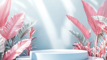 Poster - 3D rendering of an abstract podium display featuring tropical leaves and coral pink plants Suitable for product promotion and advertising set against a soft blue natural backdrop