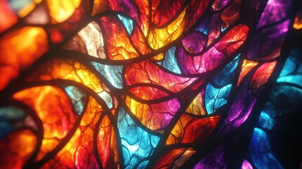 Poster - Abstract stained glass with vibrant fractal patterns Colorful and chaotic 3D rendered textures creating a fantastical visual experience
