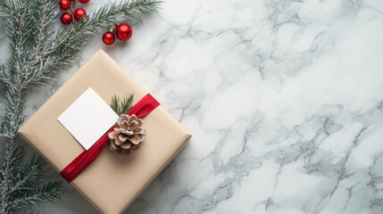 Poster - Christmas gift box adorned with a note card and tree branch decoration on a marble surface Flat lay composition with ample copy space