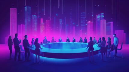 Canvas Print - A futuristic meeting around a glowing round table in a vibrant cityscape.