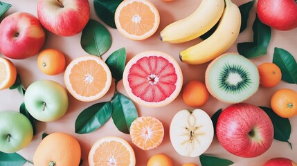 Poster - Assorted fruits including bananas tangerines and apples on a brown wooden surface