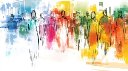 Wall Mural - Abstract illustration of diverse figures walking in a colorful urban setting.