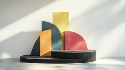 Aufkleber - 3D rendering of an abstract surreal fashion concept featuring humorous contemporary art Colorful geometric shapes accompanied by black legs all set against a white background An empty podium serve