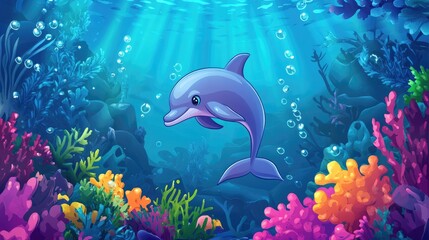Poster - 2D cartoon dolphin swimming in a vibrant sea backdrop